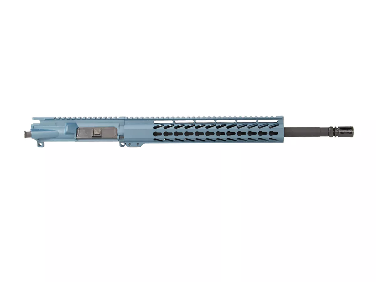 16” 9mm AR15 Assembled Upper – Titanium Blue Cerakote – 12″ Angle Cut Keymod