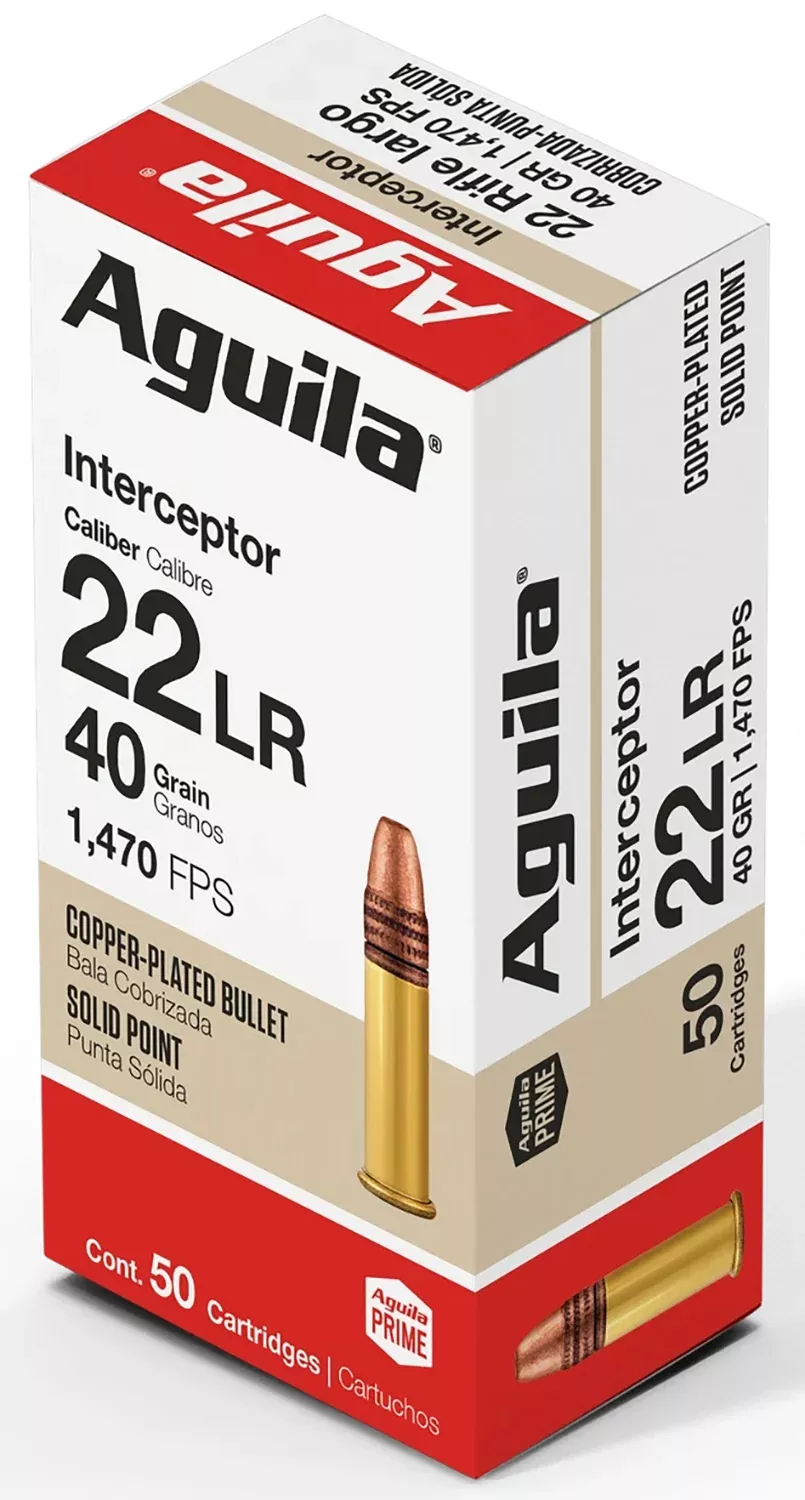 Aguila 1B220320 Interceptor22LR 40gr Copper Plated Solid Point 50 Per Box/20 Case