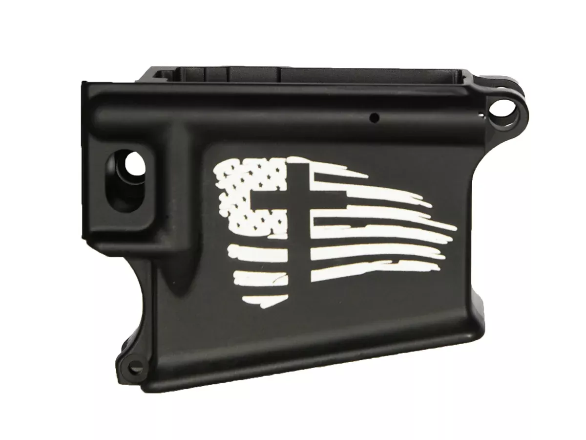 Laser Engraved Cross American Flag 80% AR-15 Anodized Lower
