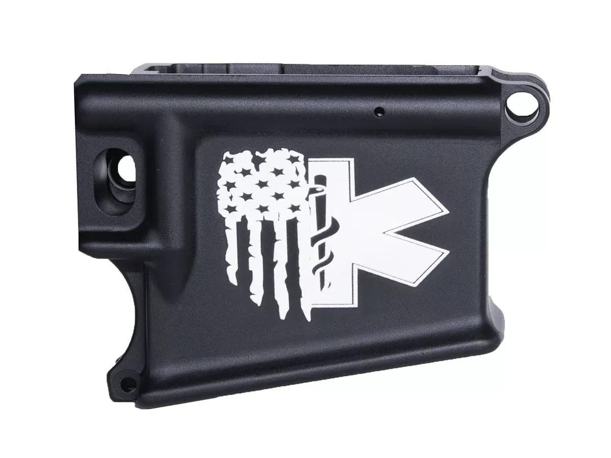 Laser Engraved Flag and Emergency Services Logo 80% AR-15 Anodized Lower receiver