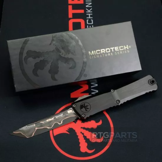 MICROTECH COMBAT TROODON MARFIONE SELECT T/E, BAKER FORGE COPPERMAI DAMASCUS, BLACK DLC HARD CUT HANDLE, 1144-16MS1