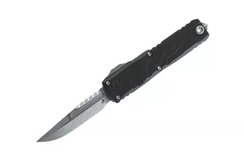 Microtech UTX-85 Gen IV Interceptor D/E - Black Deep Engraved Topo Handle - Stonewash Standard